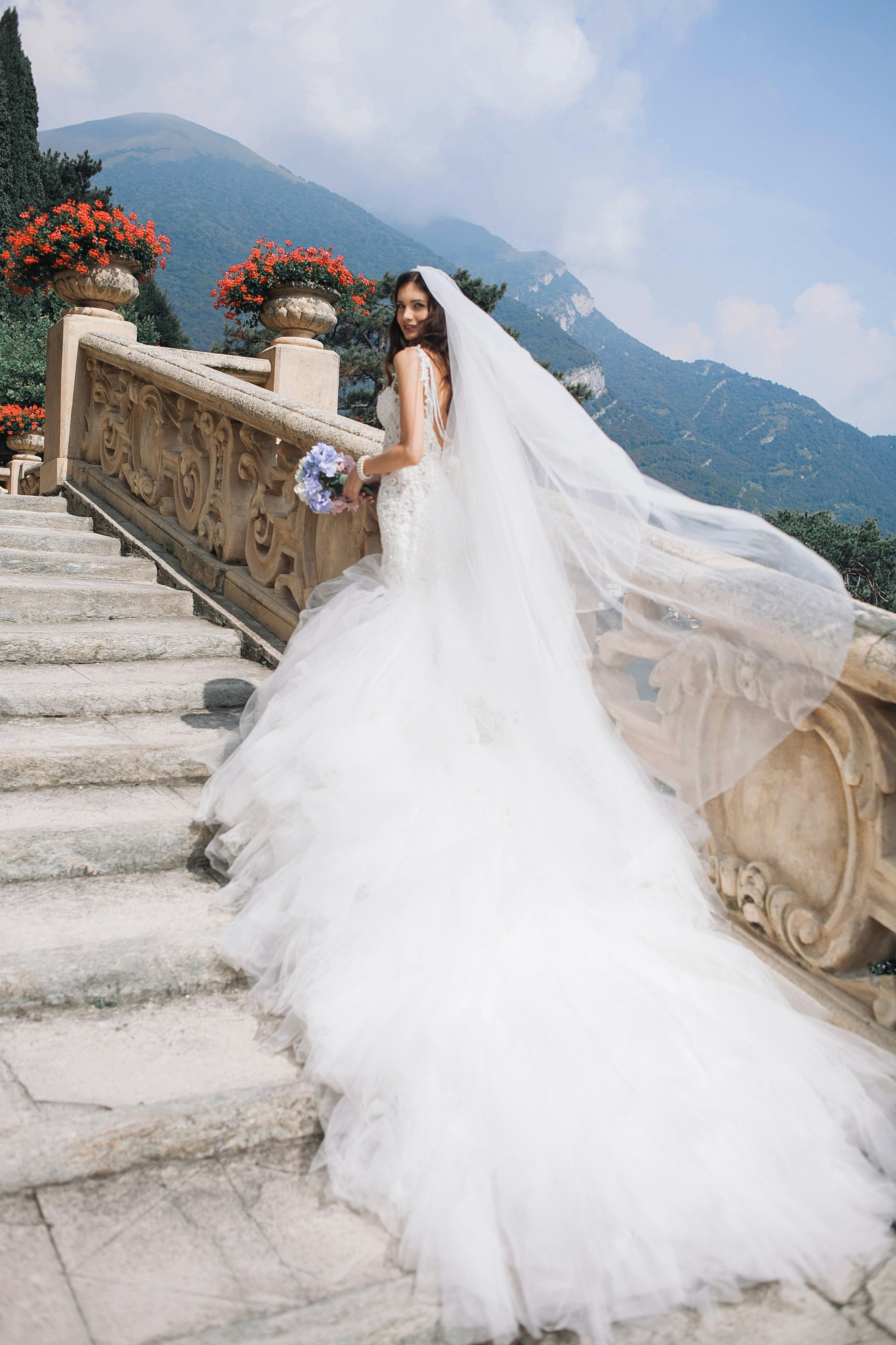 Bride with cathedral veil on ornate stone steps